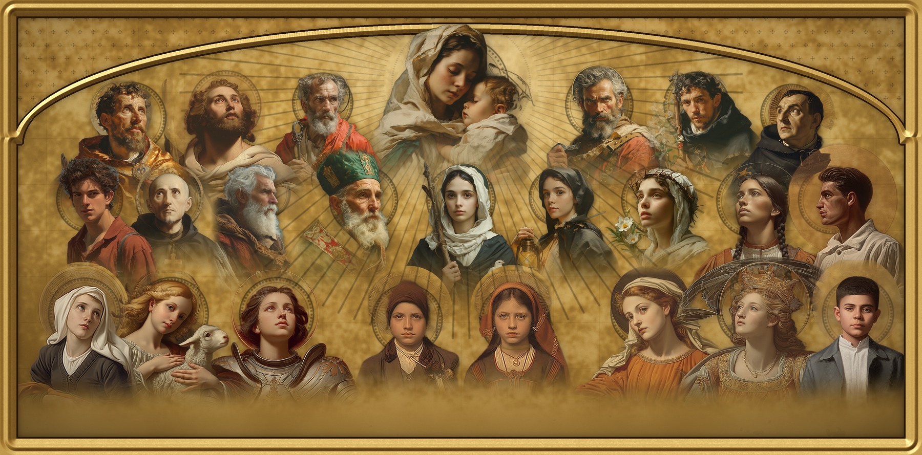 Gilded arched altarpiece of saints painted by FrankinTheWoods, in ordered ranks on gold leaf turned toward Mary and the Christ Child